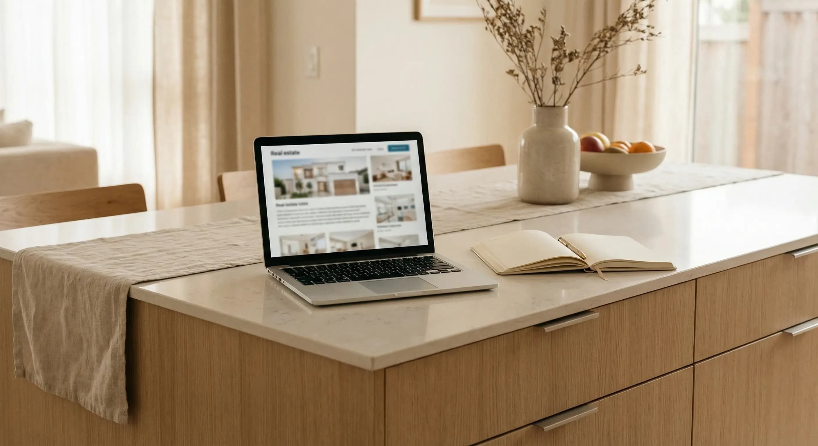 laptop on kitchen counter with property description on laptop