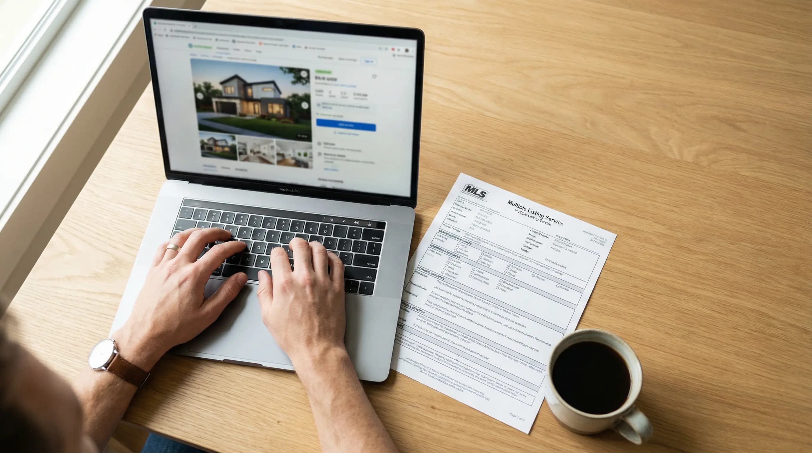 person typing on laptop with mls paper next to it